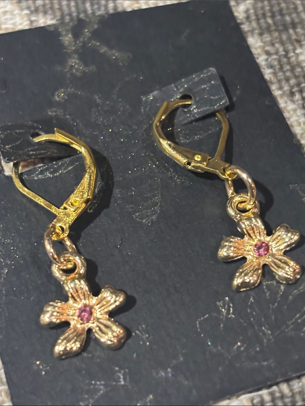 KB floral earring dainty gold tone flower earring pink gemstone feminine dangles